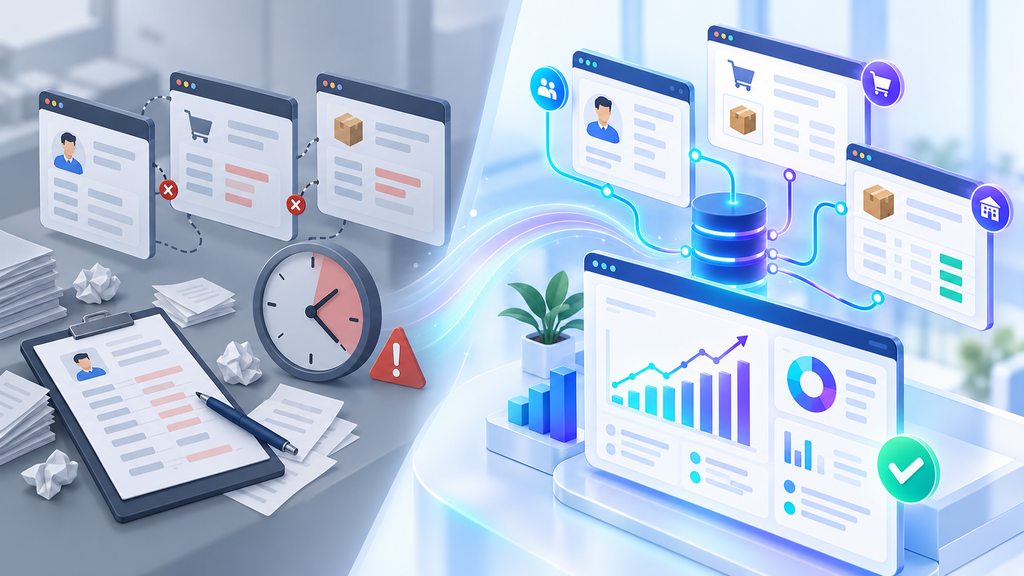 Bên trái là các phần mềm rời rạc, giấy tờ và cảnh báo sai lệch; bên phải là các hệ thống được kết nối với bảng phân tích dữ liệu.