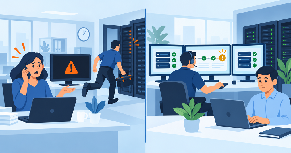 Minh họa sự khác biệt giữa xử lý sự cố sau khi phát sinh và giám sát IT để phát hiện rủi ro sớm.
