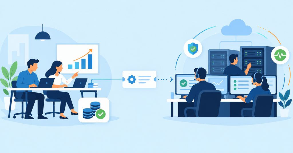 Minh họa doanh nghiệp SME tập trung kinh doanh trong khi đội Managed IT giám sát và vận hành hệ thống công nghệ.