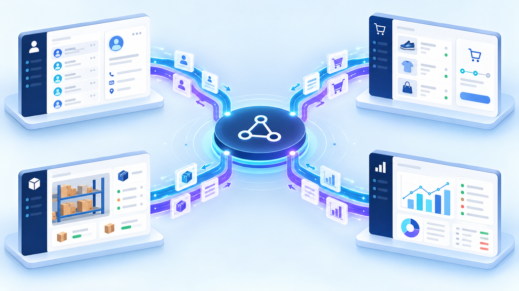 Minh họa hệ thống CRM, bán hàng, kho và báo cáo được kết nối với một trung tâm tích hợp dữ liệu.
