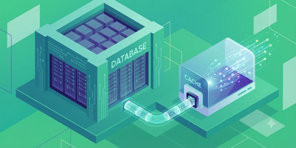 Minh họa kiến trúc Software City với kho lưu trữ Database lớn bên cạnh trạm cung cấp dữ liệu Cache tốc độ cao.