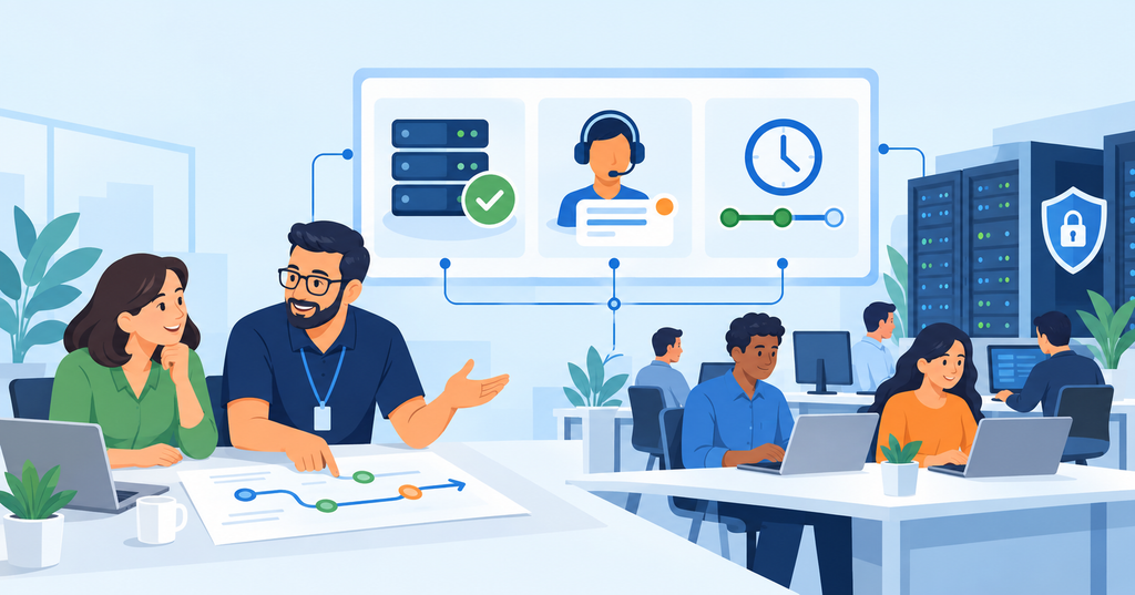 Minh họa đối tác Managed IT trao đổi với doanh nghiệp SME về lộ trình vận hành và hỗ trợ hệ thống IT