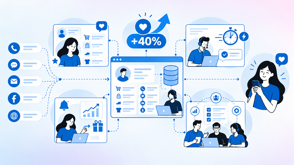 Minh họa dữ liệu CRM tập trung kết nối đa kênh và bốn yếu tố giúp tăng 40% tỷ lệ giữ chân khách hàng.