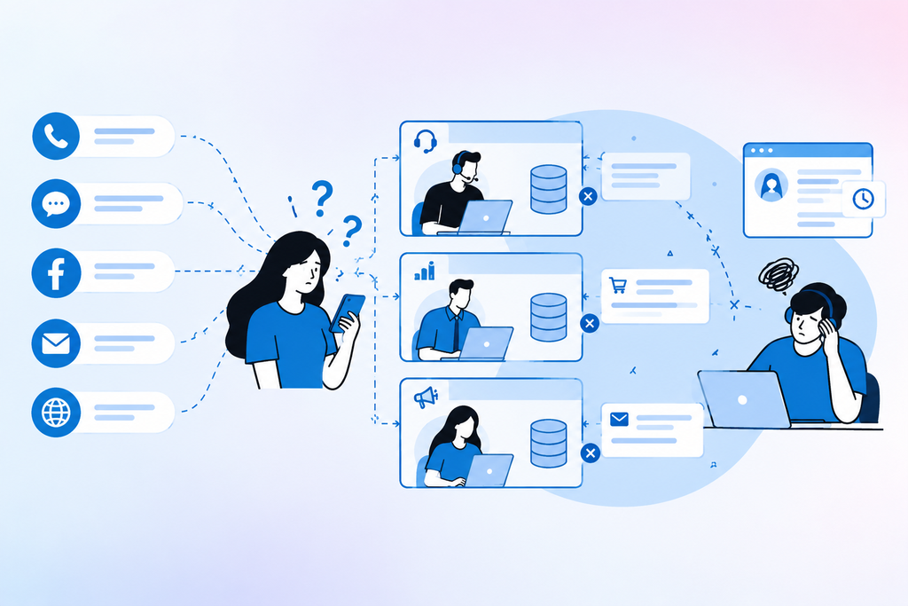 Minh họa các kênh tổng đài, chat, mạng xã hội, email và website hoạt động riêng lẻ, khiến dữ liệu khách hàng bị chia cắt và khó đồng bộ.