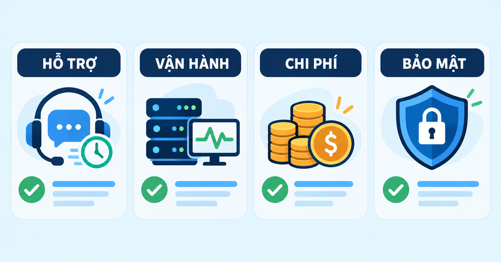 Minh họa bốn tiêu chí đánh giá Managed IT Services gồm hỗ trợ vận hành chi phí và bảo mật.