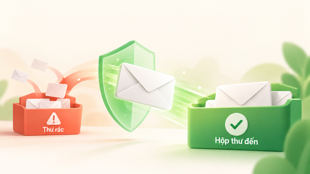 Minh họa email qua bộ lọc bảo mật với hai điểm đến: hộp thư đến màu xanh và thư rác màu cam.