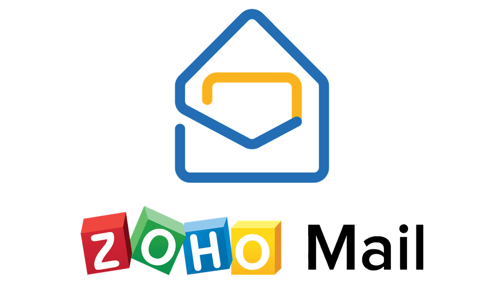 Logo chính thức của Zoho Mail với biểu tượng bức thư màu xanh và các khối vuông Zoho nhiều màu sắc.