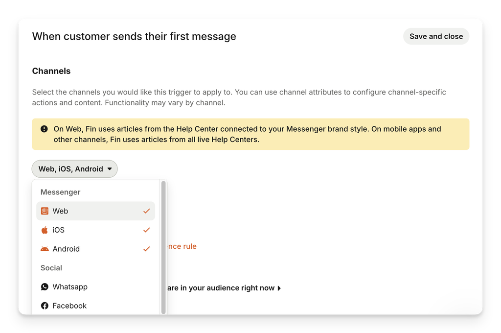 Thiết lập lựa chọn các kênh giao tiếp như Messenger website, Email, di động, mạng xã hội để áp dụng quy trình Workflow trên Intercom.