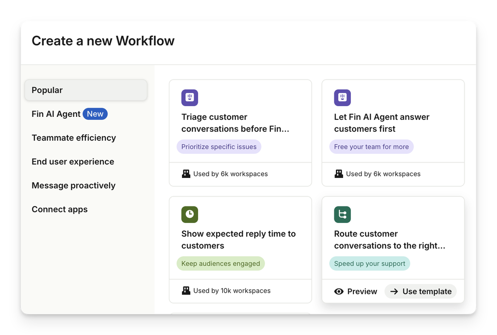 Giao diện Intercom khi người dùng chọn tạo New workflow và tìm kiếm mẫu Route customer conversations to the right team.