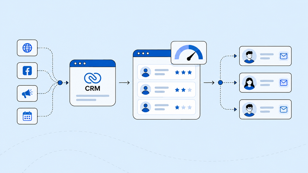 Minh họa quy trình quản lý khách hàng tiềm năng trong Zoho CRM từ thu thập dữ liệu, chấm điểm Lead Scoring đến tự động phân bổ cho nhân viên sales.