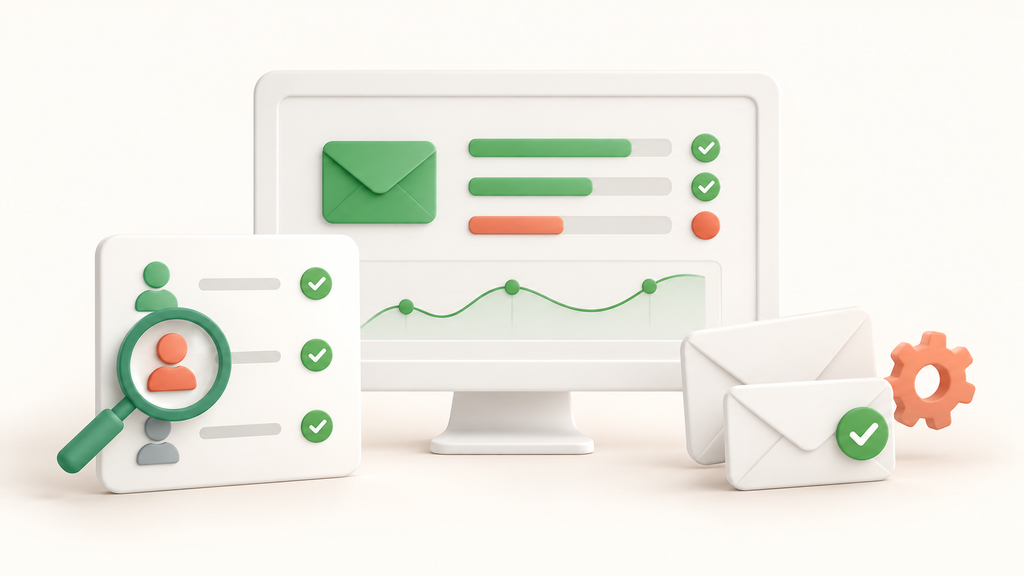 Màn hình theo dõi email cùng danh sách người nhận, kính lúp và phong bì có dấu kiểm.