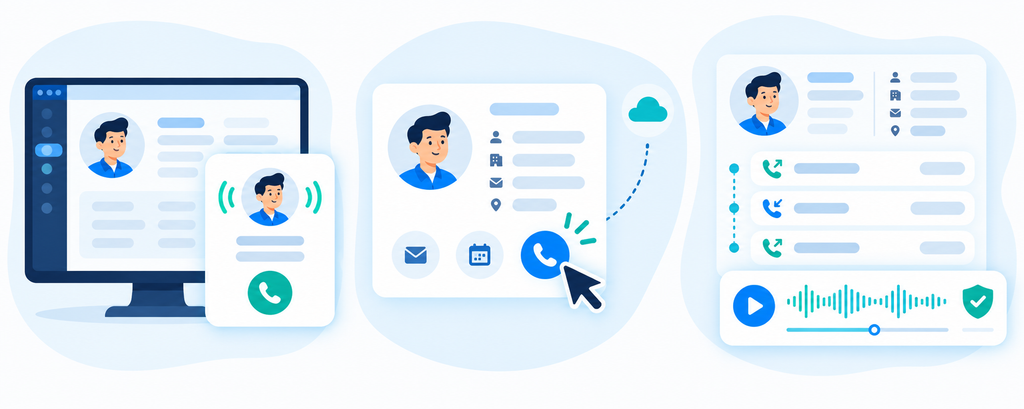 Minh họa ba tính năng tổng đài tích hợp Zoho CRM: hiện hồ sơ khi có cuộc gọi đến, Click-to-Call và lưu lịch sử kèm ghi âm cuộc gọi.