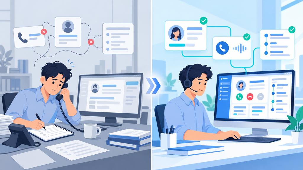 So sánh nhân viên ghi chép cuộc gọi thủ công với nhân viên sử dụng tổng đài tích hợp CRM, kết nối hồ sơ khách hàng và lịch sử cuộc gọi.