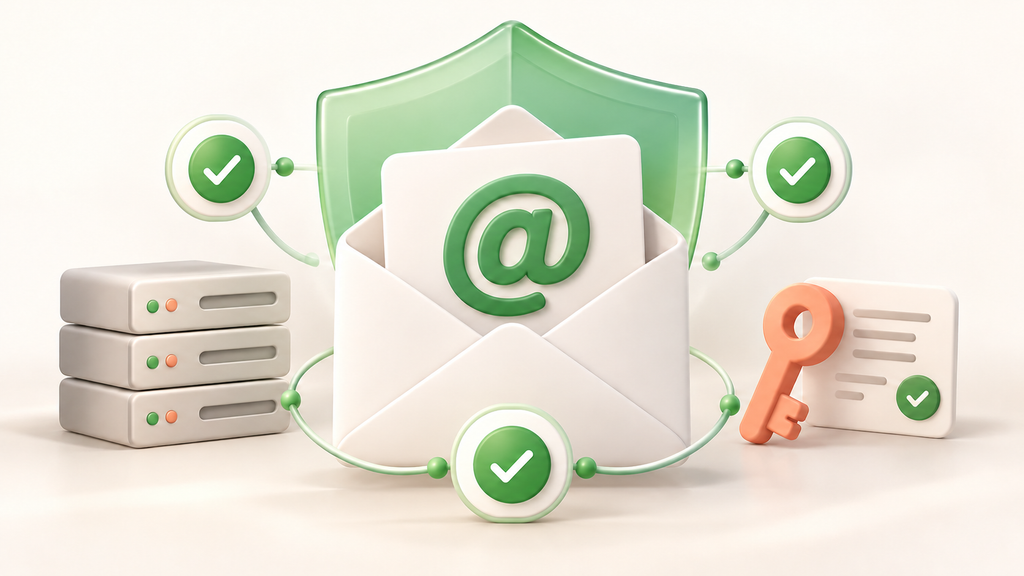 Phong bì email được bảo vệ bởi khiên xanh, xung quanh là các nhãn xác thực SPF, DKIM và DMARC.
